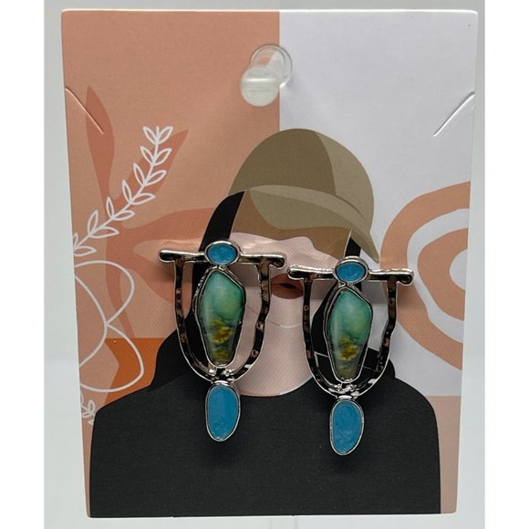 "Kiowa Tribal" Aqua Green Stone Dangle Earrings - Picture 3 of 3